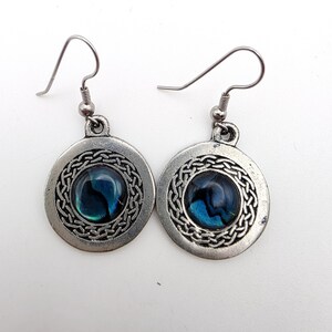 Vintage Pewter Celtic Knot Drop Earrings Blue Abalone Shell Inlay Dangle