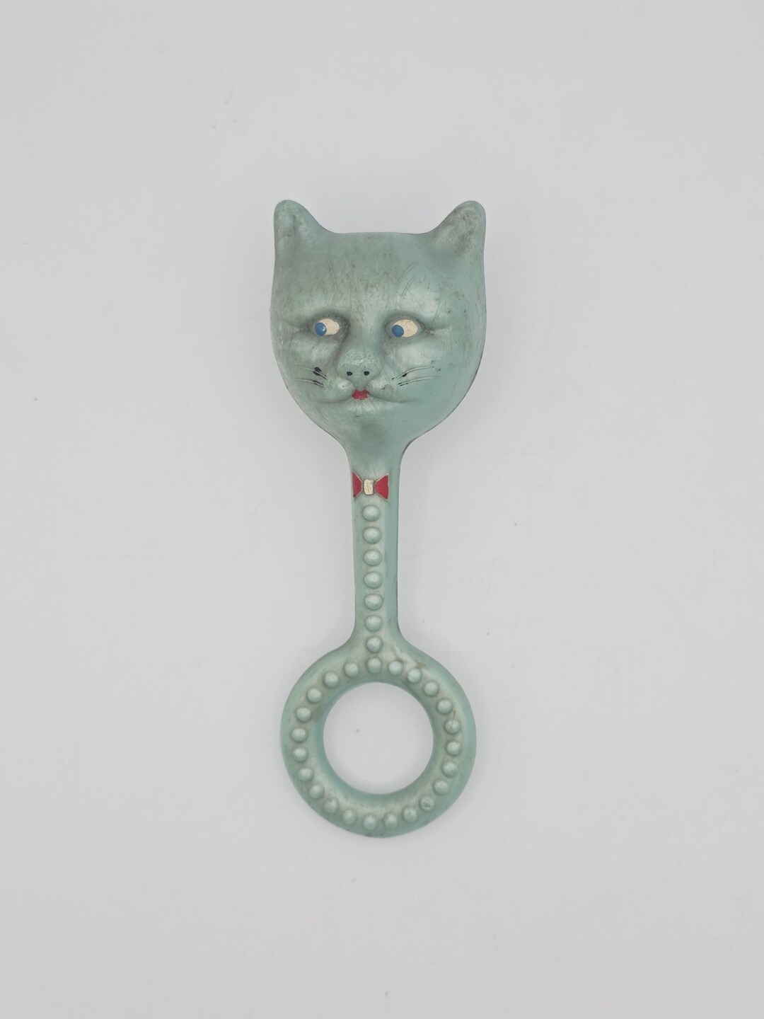 Rare 1920s Antique Celluloid Cat Baby Rattle Collector Blue Turquoise ...