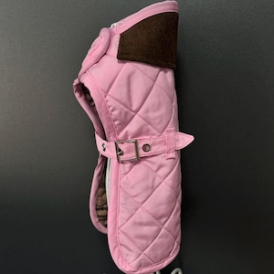 May include: Pink quilted dog coat with a brown corduroy collar and a silver buckle.