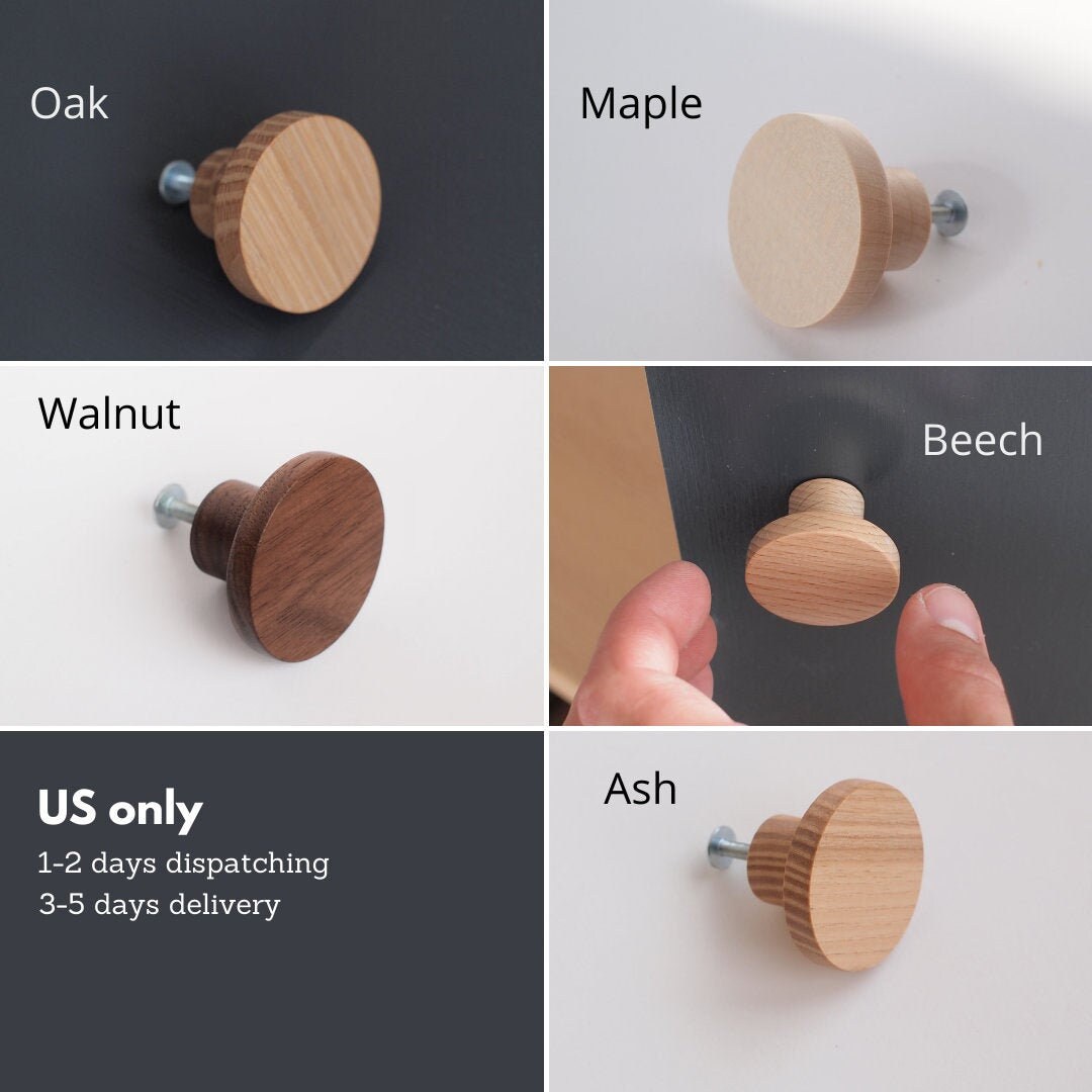 Wooden drawer knob Round solid wood knobs Dresser Etsy