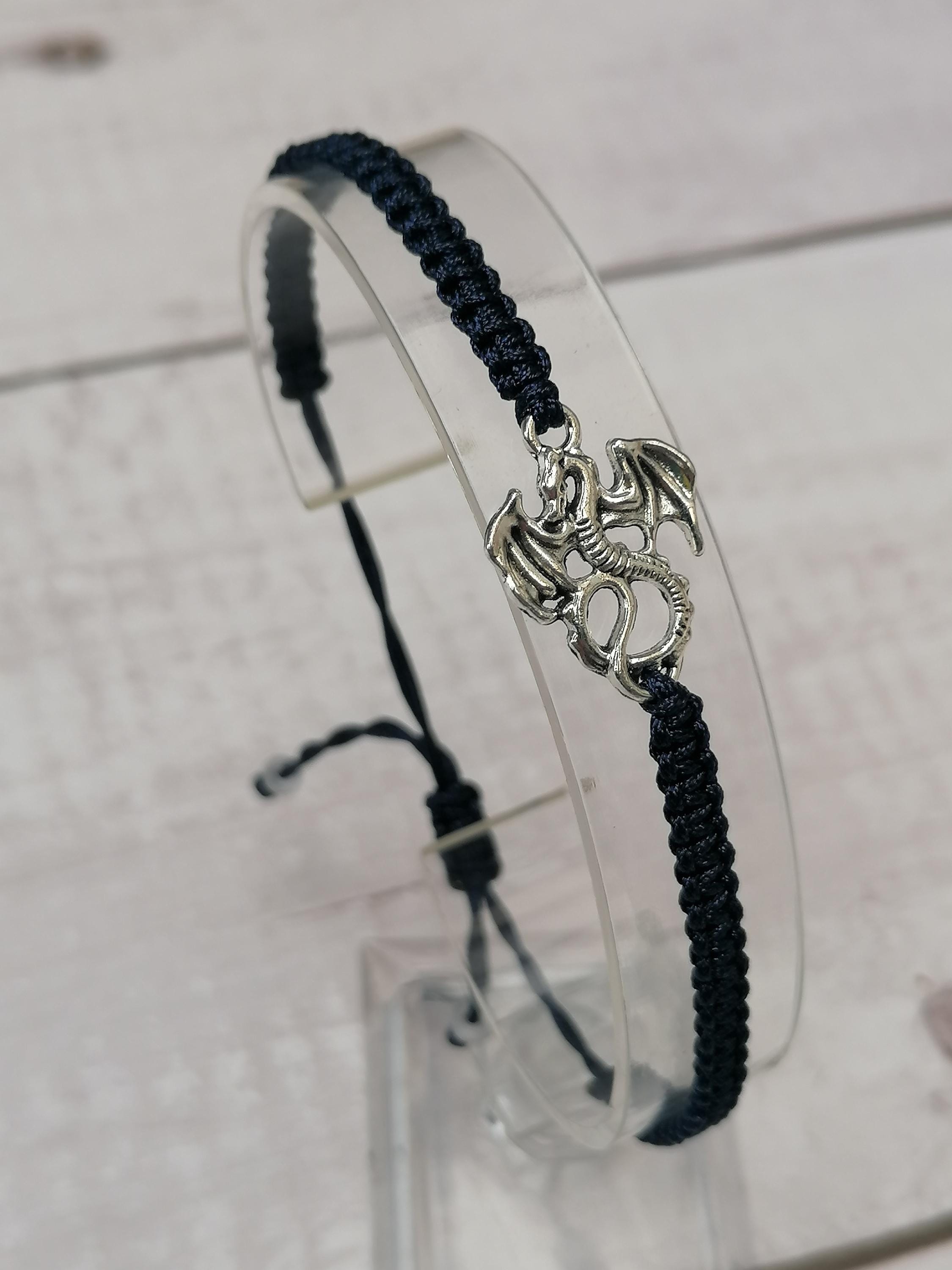 Bracciale in pelle con drago - Gioiello biker in argento massiccio