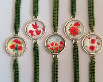 35 Colours, Red Poppy Bracelet, Celebration veterans Day, Floral Flowers Bracelet, Red Black Poppy (B-64)