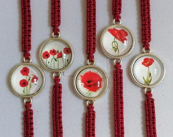 35 Colours, Red Poppy Bracelet, Celebration veterans Day, Floral Flowers Bracelet, Red Black Poppy (B-76)