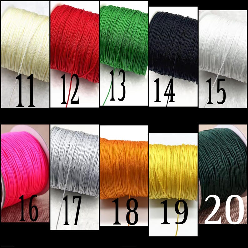 May include: Twenty spools of waxed cotton cord in various colors, including white, red, green, black, pink, silver, orange, yellow, and dark green. Each spool is labeled with a number from 11 to 20.