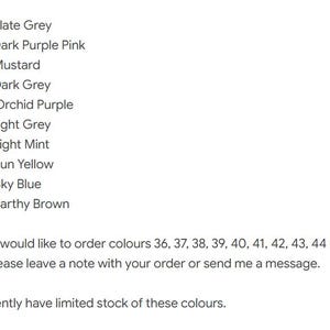May include: A list of color options numbered 36 through 45, including Slate Grey, Dark Purple Pink, Mustard, Dark Grey, Orchid Purple, Light Grey, Light Mint, Sun Yellow, Sky Blue, and Earthy Brown, with instructions for ordering these colors.