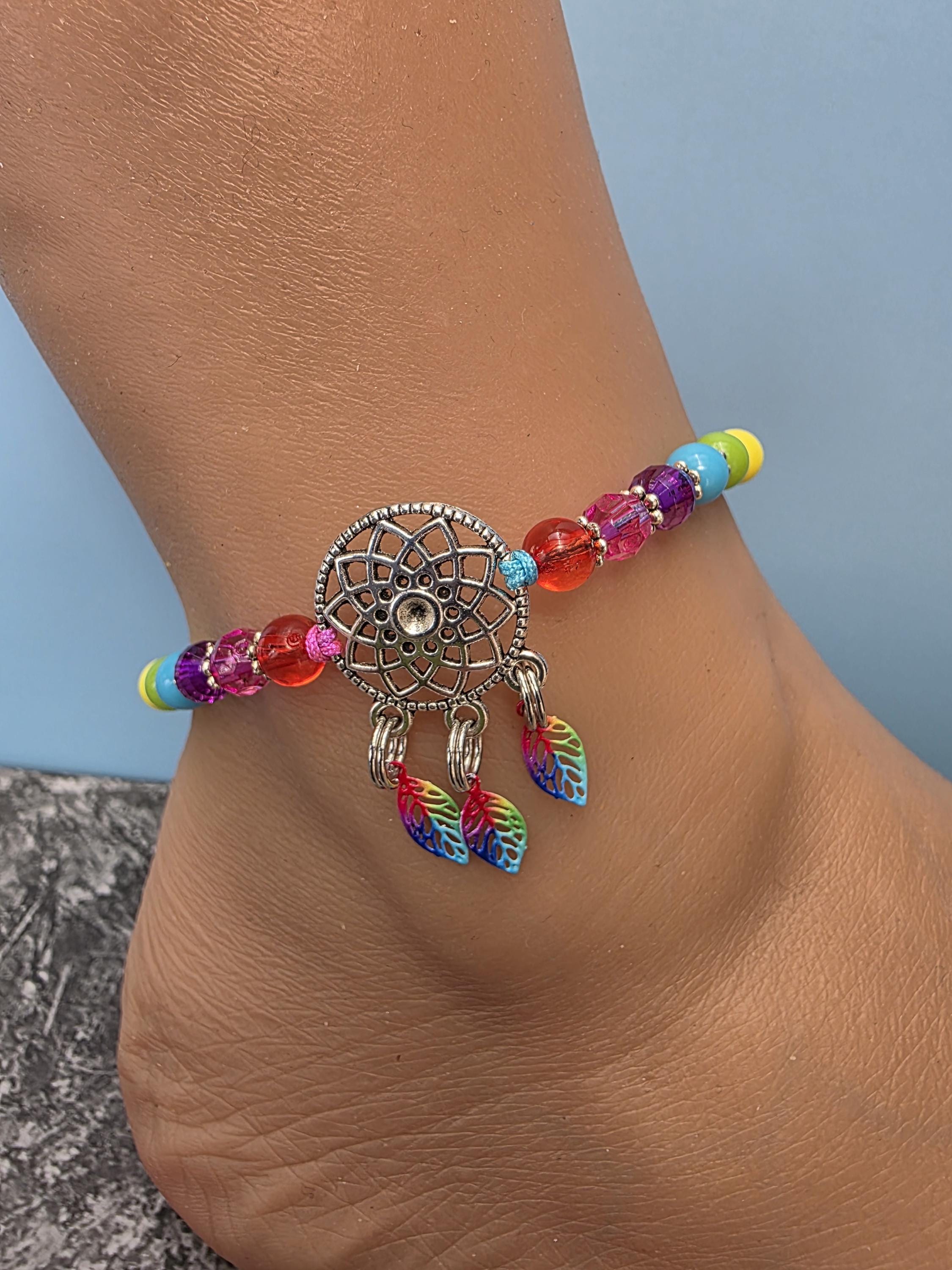 Cavigliera Donna Elastica Con Perline A Cuore - Color Argento, Stile Bohémien - Accessorio Estate Spiaggia, Gioiello Regolabile