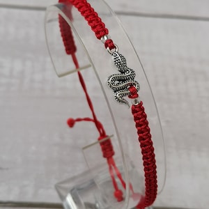 Könnte beinhalten: Ein rotes Armband aus Schnur mit einem silbernen Schlangenanhänger. Das Armband ist mit einem Knoten gebunden und hat eine kleine Perle am Ende.