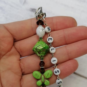 Personalised Name Keyring Green Butterfly, White-Green-Brown Keychain, Cute Gift, With Name Or Word, Bag Keyring, Gift Idea For A Friend