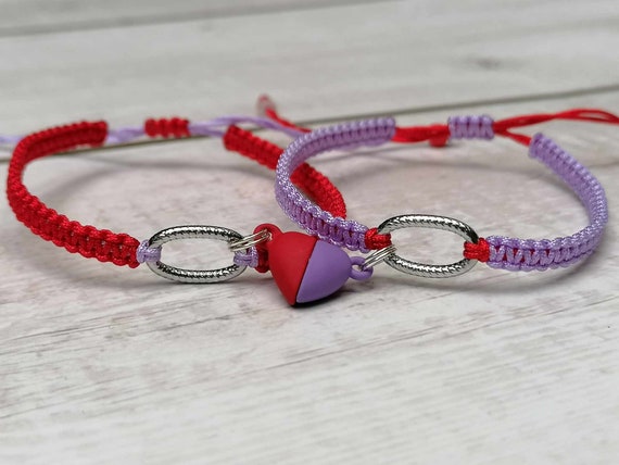 Red Light Purple Set of 2 couple Magnetic Bracelets heart Couple