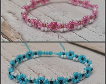 Light Blue - Pink White Macrame Daisy Bracelet - Daisy Bracelet - Flower Bracelet, Friendship Bracelet, Gift for Her