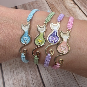 34 Colours, Light Blue-Green-Purple-Pink Cat Bracelet, Cat Lover Gift, Adjustable Bracelet, Feline Jewellery