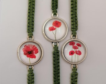 35 Colours, Red Poppy Bracelet, Celebration veterans Day, Floral Flowers Bracelet, Red Black Poppy (B-59)