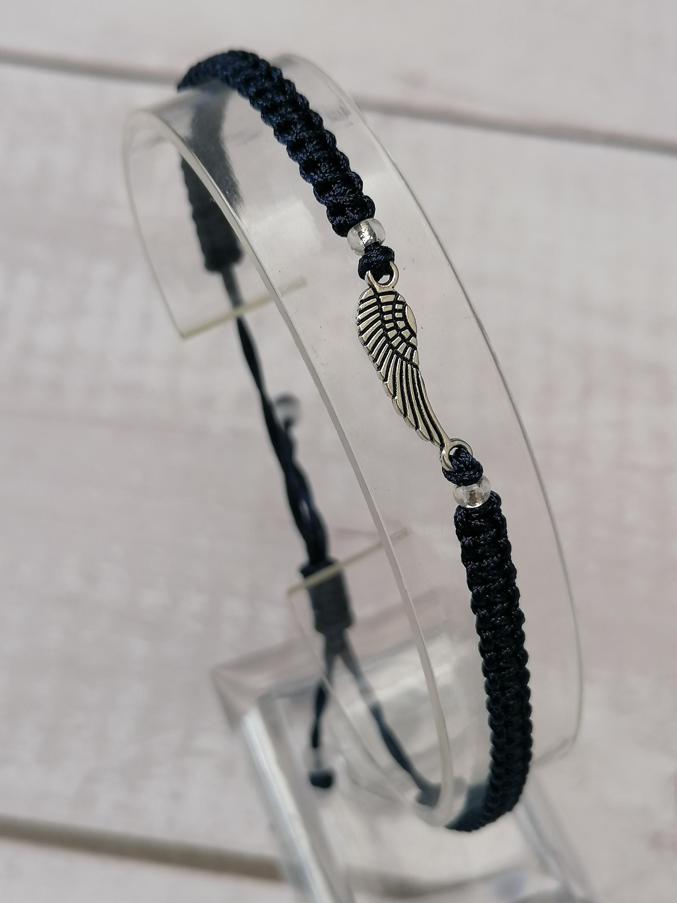 Bracciale Angelo Custode In Argento Con Cordino Macramè Grigio, Portafortuna Regolabile, Fatto A Mano In Confezione Regalo - 2