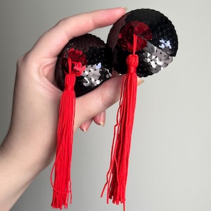 Black and bright red vintage burlesque tassel twirl pasties, never used