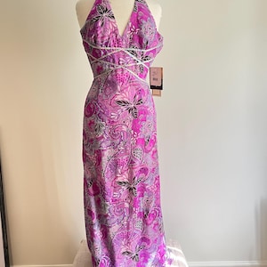 Deadstock Jessica McClintock Purple Chiffon Halter Gown: Silver Sequins, Size 3