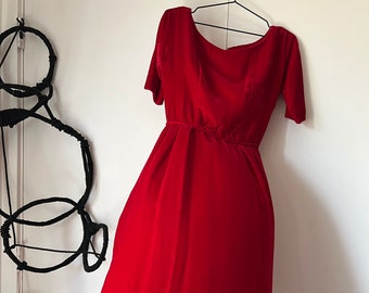 Midcentury 1960s Jackie O red velvet column dress, 26 inch waist and short sleeves
