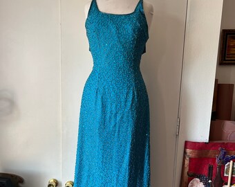 Deep aqua silk and sequin beaded scoop neck spaghetti strap gown, size small, 26 inch waist
