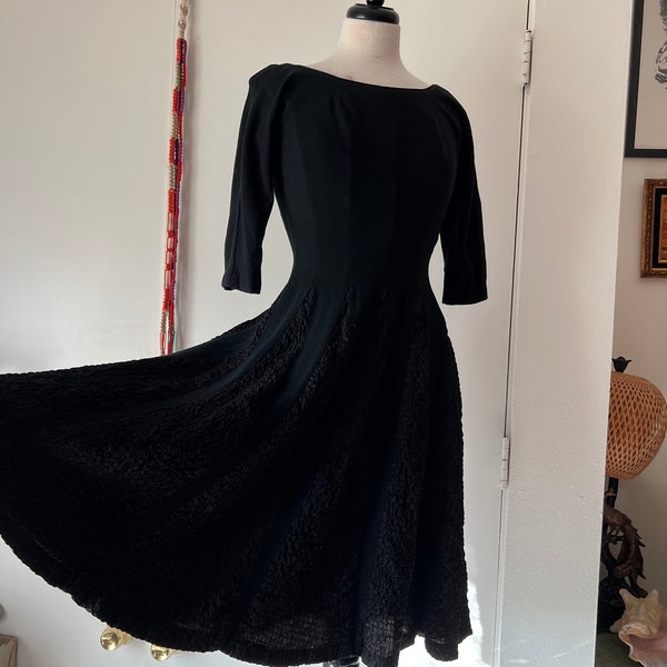 Black vintage Le Faye 1950s 1960s dress with full skirt, scoop neck, quarter sleeves