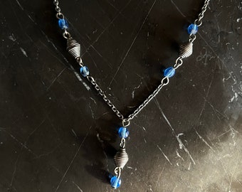 Art Deco handmade silver wire and blue glass bead vintage necklace