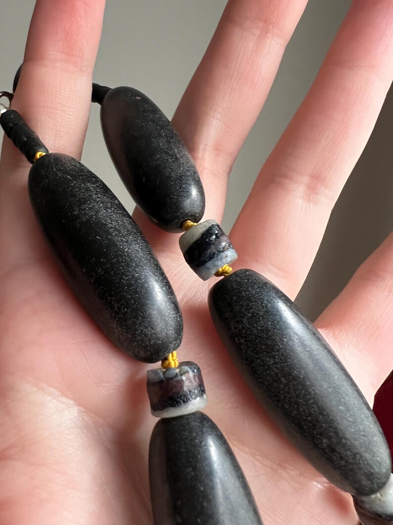 Granite grey Dzi necklace, gold silk, glass, sterling Bild 8