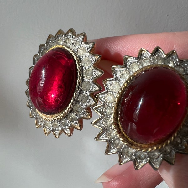 Vintage red cabochon and white rhinestone Polcini clip on earrings, Italian designer, gold metal