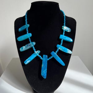 Vintage blue agate and blue wood Egyptian revival style beaded necklace, sterling silver