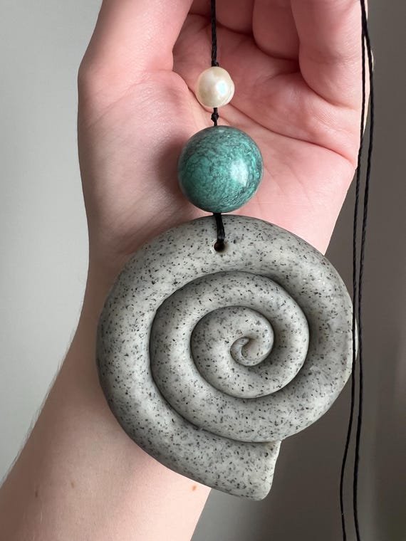 Handcrafted Clay Spiral Shell Pendant, Freshwater… - image 2