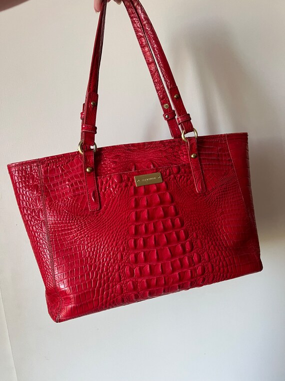 Vintage red croc embossed leather Brahmin top han… - image 2