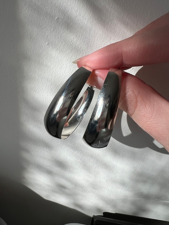 Silver chrome tone large thick vintage hoop earrin