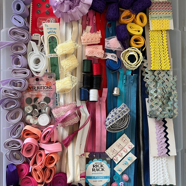 Massive sewing detash lot, buttons, zippers, trim, seam tape, elastic, thread, lace, ric rac, 106 pieces, purple, pink, yellow, green, blue