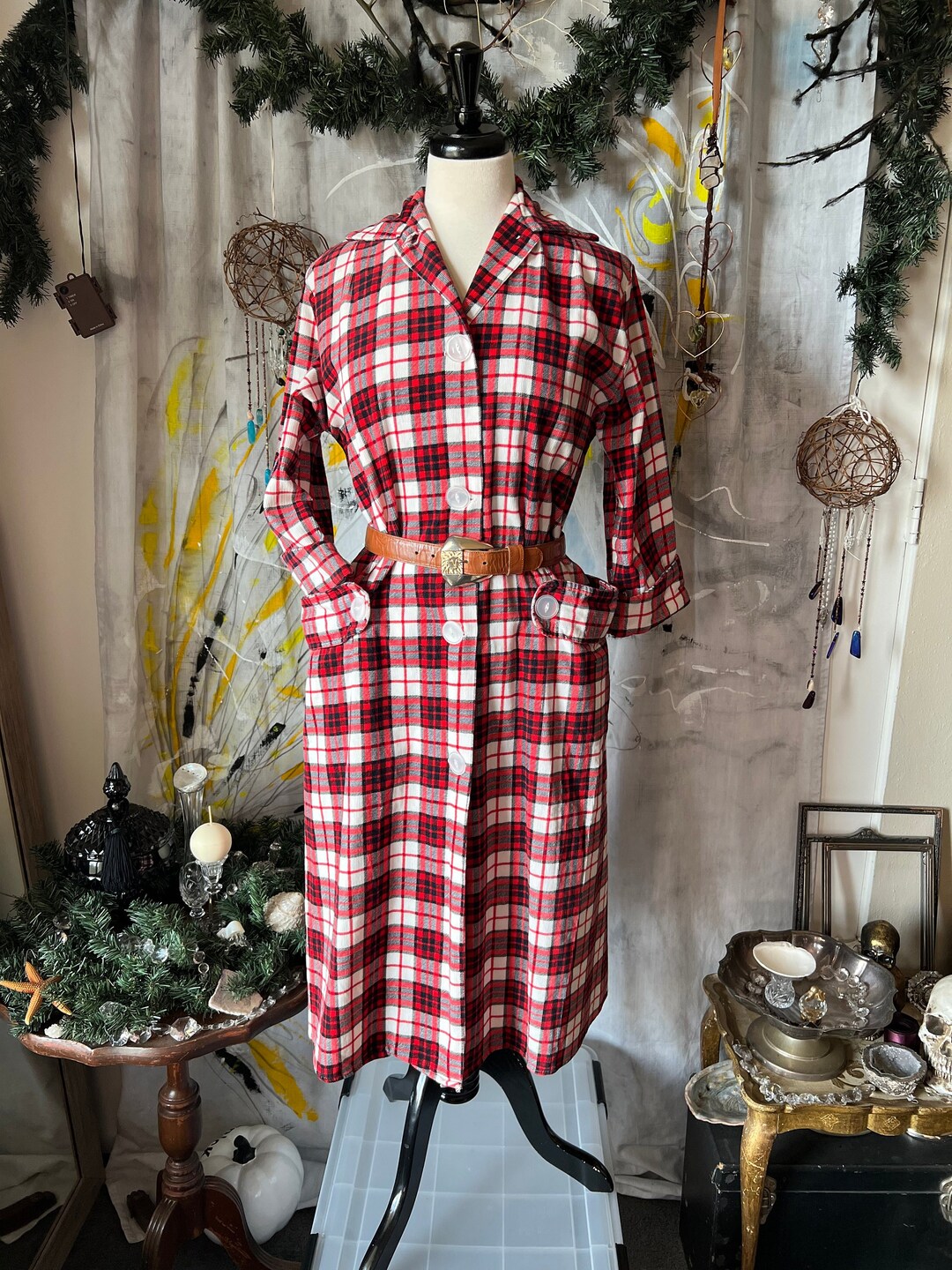 1940s Farmhouse Long Large Robe in Plaid With Original Buttons and ...
