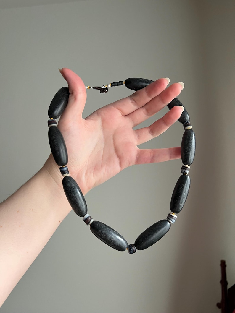 Granite grey Dzi necklace, gold silk, glass, sterling Bild 1