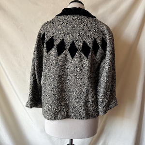 Woven Acrylic Swing Jacket: Black Velvet Collar, Silver Buttons - 1950s Style