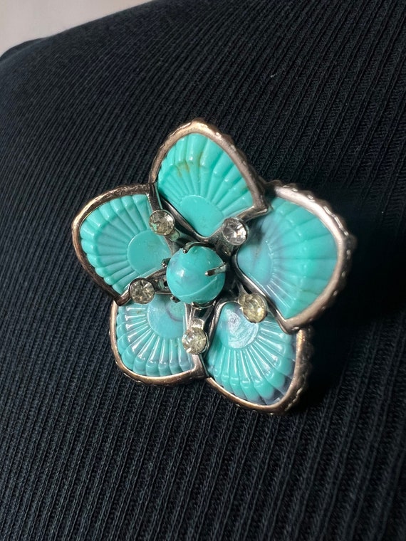 Turquoise lucite and rhinestone five petal flower… - image 2