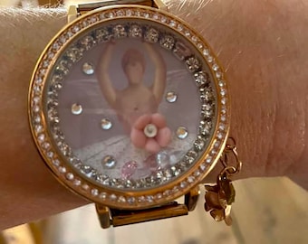 Shabby Chic Schmuck Umfunktioniert Uhr Rose Gold Armband Ballerina Strass Statement Piece
