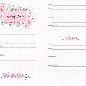 Puede incluir: Un diseño floral rosa y blanco con el texto "Happy Mail" sobre un fondo blanco con lunares rosas. Hay tres etiquetas de dirección en blanco con los encabezados "Nombre", "Dirección", "Fecha de envío/sello", y "Fecha de recepción/sello".
