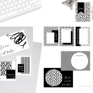 Elegant Black & White Journaling Cards, Minimalist Motivational Journal Cards, Scandinavian Theme 3 x 4 and 4 x 6 Journaling / Filler Cards