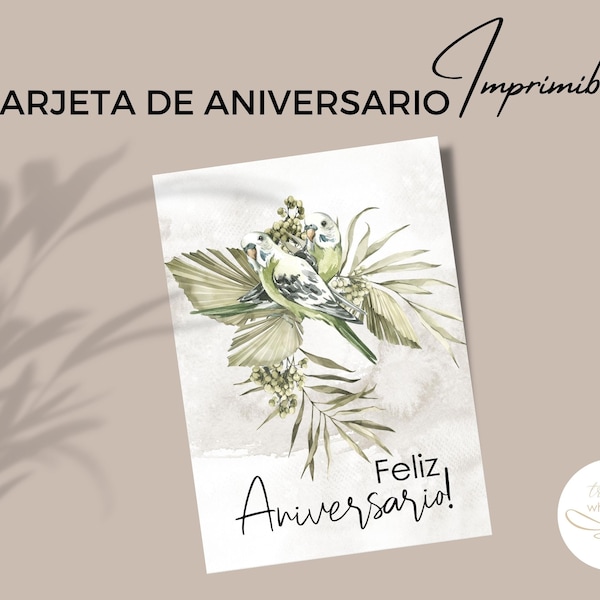 Tarjeta de felicitación de aniversario de boda, tarjeta aniversario para imprimir, tarjeta temática elegancia tropical, tarjeta para parejas