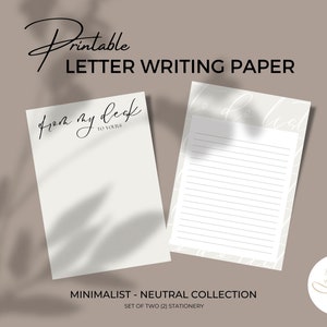 May include: Two printable letter writing paper sheets in a minimalist style. One sheet has the text "from my desk to yours" and the other sheet has a subtle line pattern. The sheets are part of a neutral collection and are a set of two.