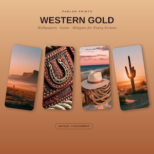 May include: A digital collection titled Parlor Prints Western Gold featuring 145 files and 5 colourways. The display shows four vertical rectangular images: a desert landscape, a brown leather texture with a horseshoe, a hat on rope, and a cactus.