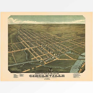 May include: An antique bird's eye view map of Circleville, Pickaway County, Ohio, from 1874. The map shows the city's streets, buildings, and parks. The map is printed in a vintage style with a light brown background.