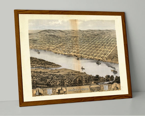 Leavenworth KS Vintage Print Poster 1869 Birds Eye View Kansas