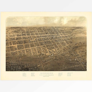 Puede incluir: Un mapa antiguo de vista de pájaro de la ciudad de Indianápolis, Indiana, impreso en tonos sepia. El mapa muestra las calles, los edificios y los parques de la ciudad. El mapa está fechado en 1871.