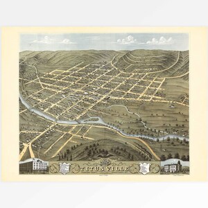 Aged Map of Titusville, Crawford County, Pennsylvania, USA