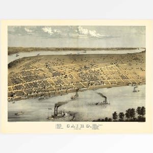 Może przedstawiać: Antyczna mapa Cairo w stanie Illinois, przedstawiająca układ miasta i otaczającą rzekę. Mapa jest wydrukowana brązową i czarną farbą na kremowym papierze. Mapa nosi tytuł "Cairo, Illinois" i zawiera klucz z różnymi symbolami.