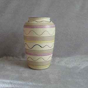 West Germany Pottery Vase, 475-29, German Mid Century Vase, 1970s, Beige,  Lemon Yellow and Lilac Striped Ceramic Vase, Made in Germany