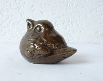 Heavy Bronze Bird Sculpture, Vintage Bronze Wren Figurine, Small Bird Statues