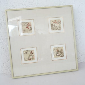 Four Small Original Illustrations - Seasons in Frame, Passe Partout, Framed Wall Art