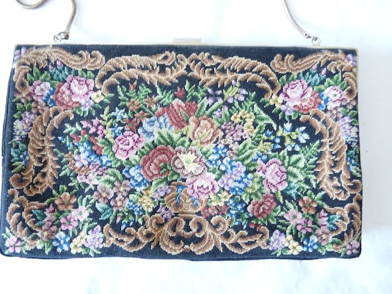 Vintage Hand Embroidered, Black Needlepoint Handb… - image 3