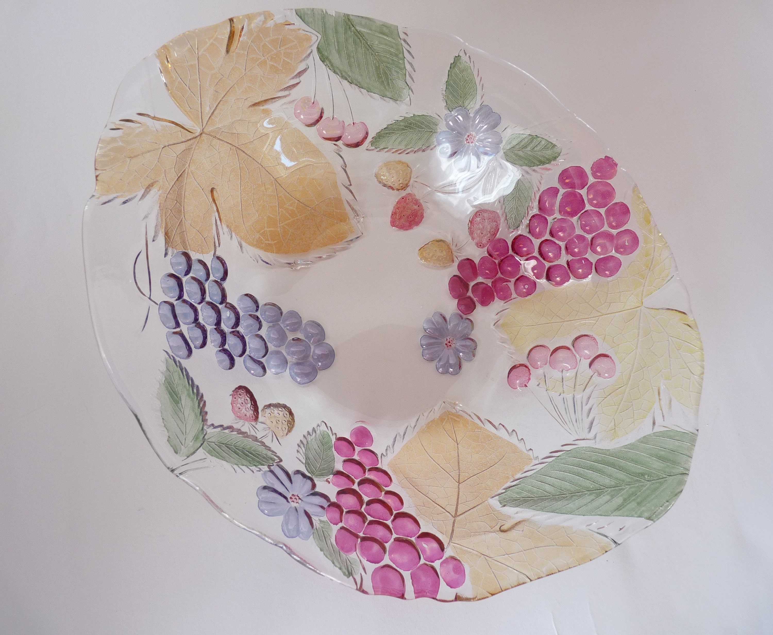 Vintage Fruit Glass Bowl Engraved Fruits in Color Serving Etsy UK